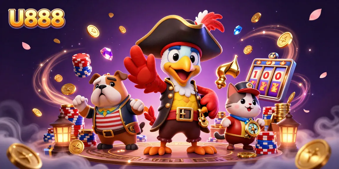 U888's lively gaming adventure with a pirate captain, bulldog, and cat amid casino treasures.
