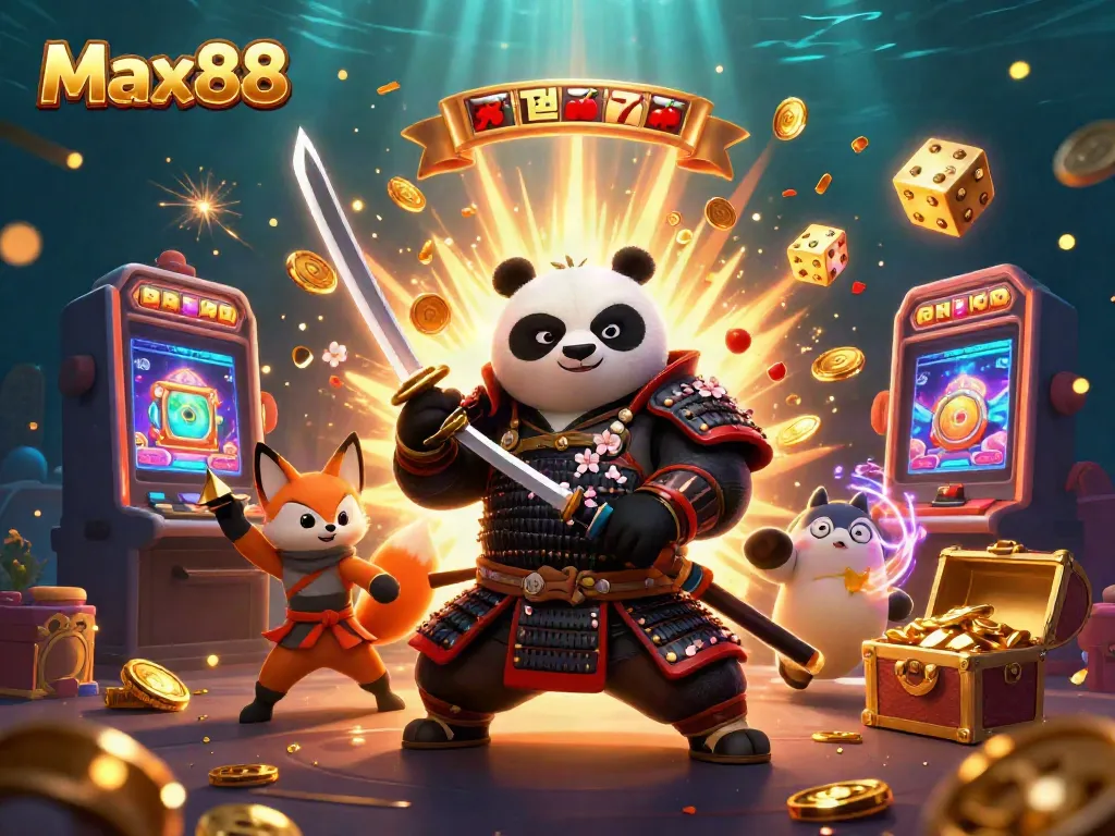 Experience the excitement at Max88 with a dynamic casino-themed illustration featuring vibrant characters and thrilling game elements.