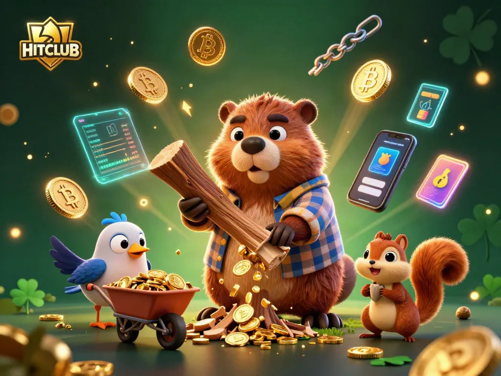 HITCLUB engages players with 3D cartoon beaver, coins, and vibrant casino elements.