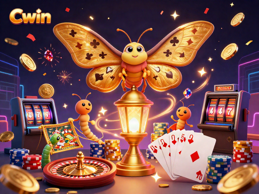 Immerse in the vibrant world of Cwin, showcasing a 3D scene of a golden-winged atlas moth amidst casino elements.