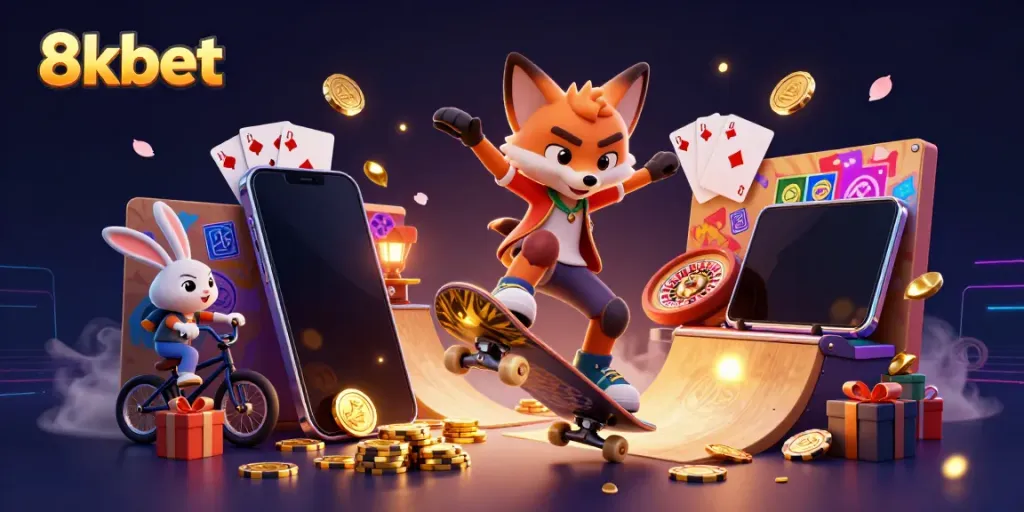 Experience 8xbet with a dynamic scene of a skateboarder fox and BMX rabbit in a vibrant casino setting.