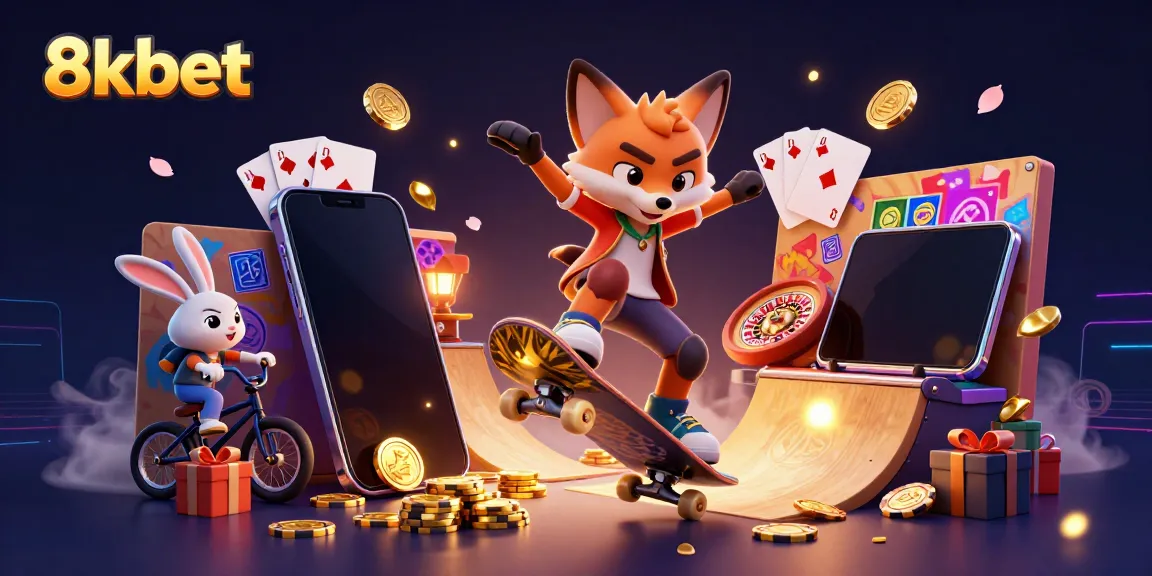 Experience 8xbet with a dynamic scene of a skateboarder fox and BMX rabbit in a vibrant casino setting.