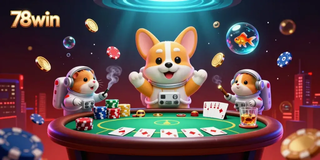 Experience 78win in a vibrant 3D casino realm with floating poker elements and animated characters.