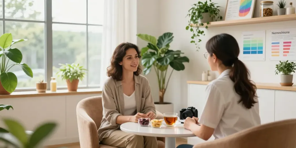 Nutritionist London consultation in a serene wellness clinic, highlighting health resources and a warm atmosphere.