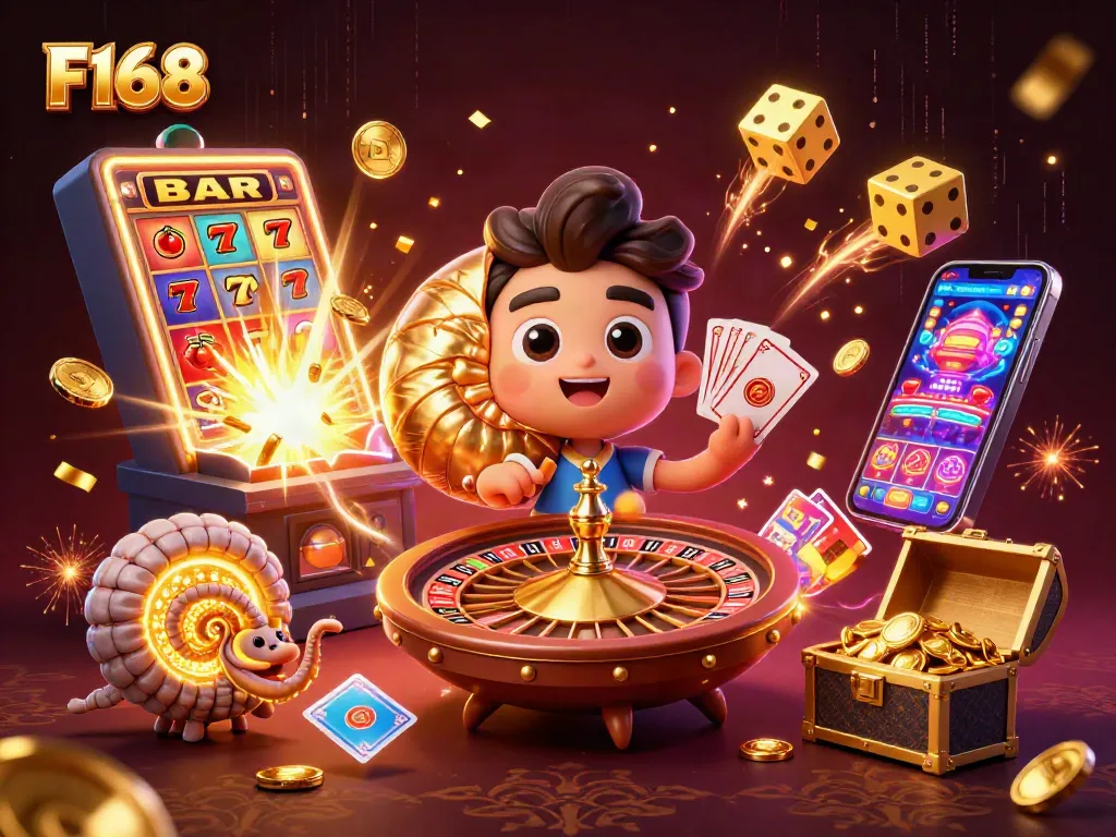 F168 unleashes a surreal casino experience with a giant nautilus and jackpot symbols.
