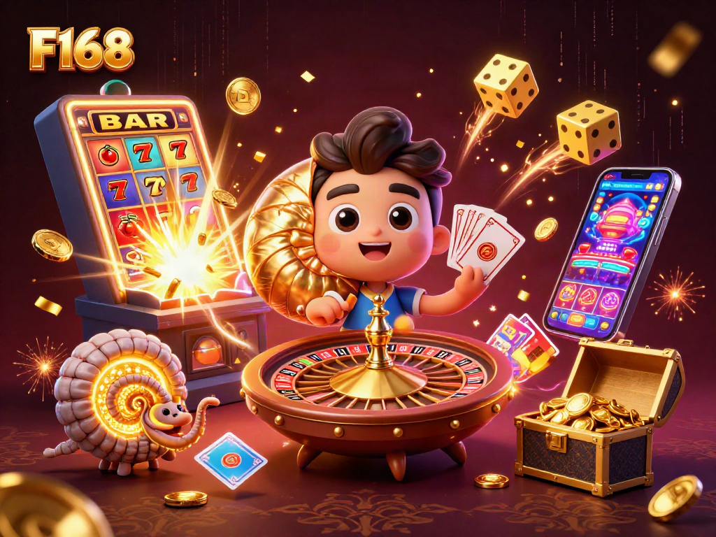 F168 unleashes a surreal casino experience with a giant nautilus and jackpot symbols.