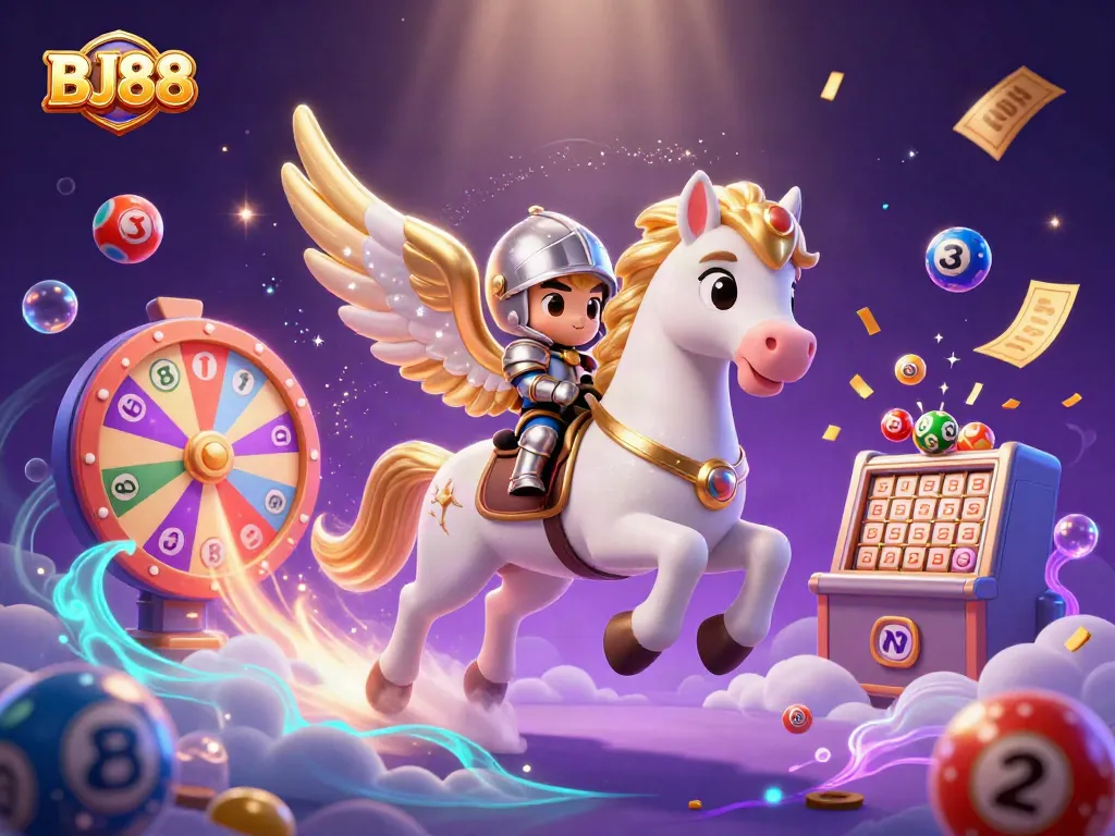 Experience the thrill of BJ88 with vibrant lottery elements and celestial characters in a dynamic casino scene.