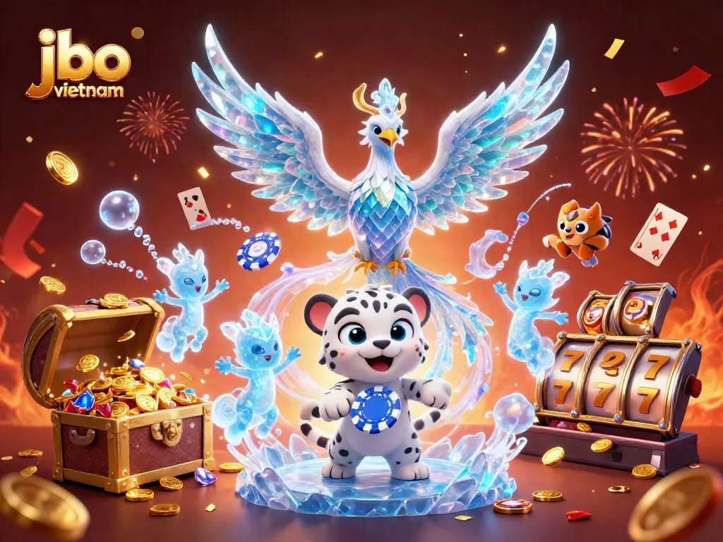 Engage with JBO Vietnam's vibrant world of slots, featuring a phoenix and playful characters.