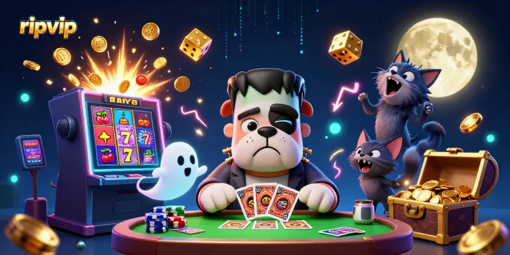 Enjoy an exciting ripvip gaming scene featuring a cartoon bulldog dealer and golden jackpot elements.