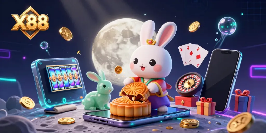 X88-themed illustration of a moon rabbit character surrounded by casino items, showcasing vibrant and engaging gambling elements.