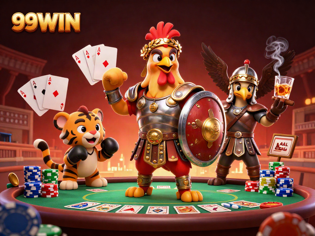 Experience thrilling gameplay at 99WIN with a vibrant illustration showcasing gladiatorial elements in an exciting casino setting.