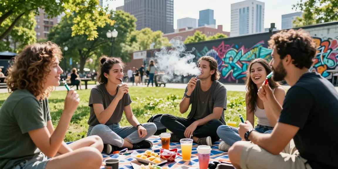 Friends enjoying THC vape pens in a lively urban park setting.