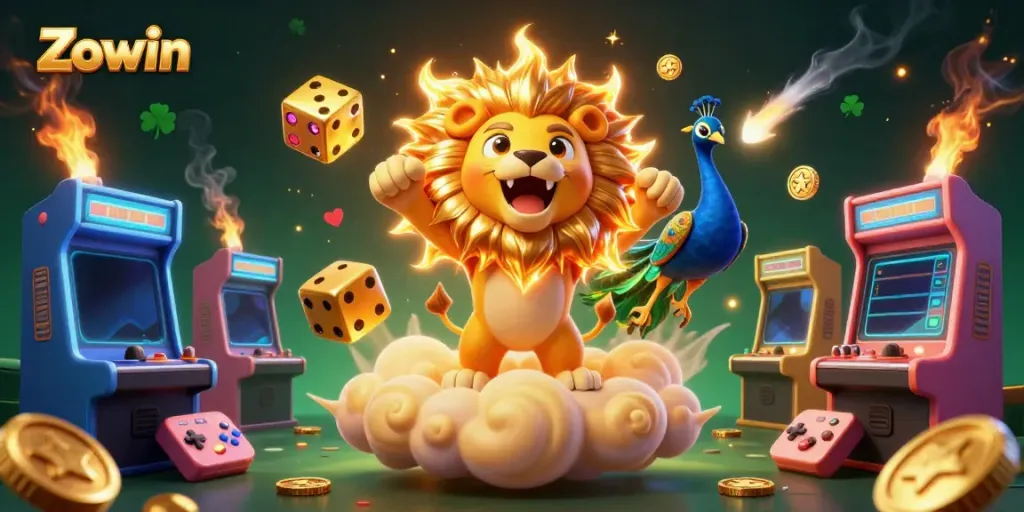 Spin to win on Zowin while surrounded by vibrant casino game elements and lively characters.