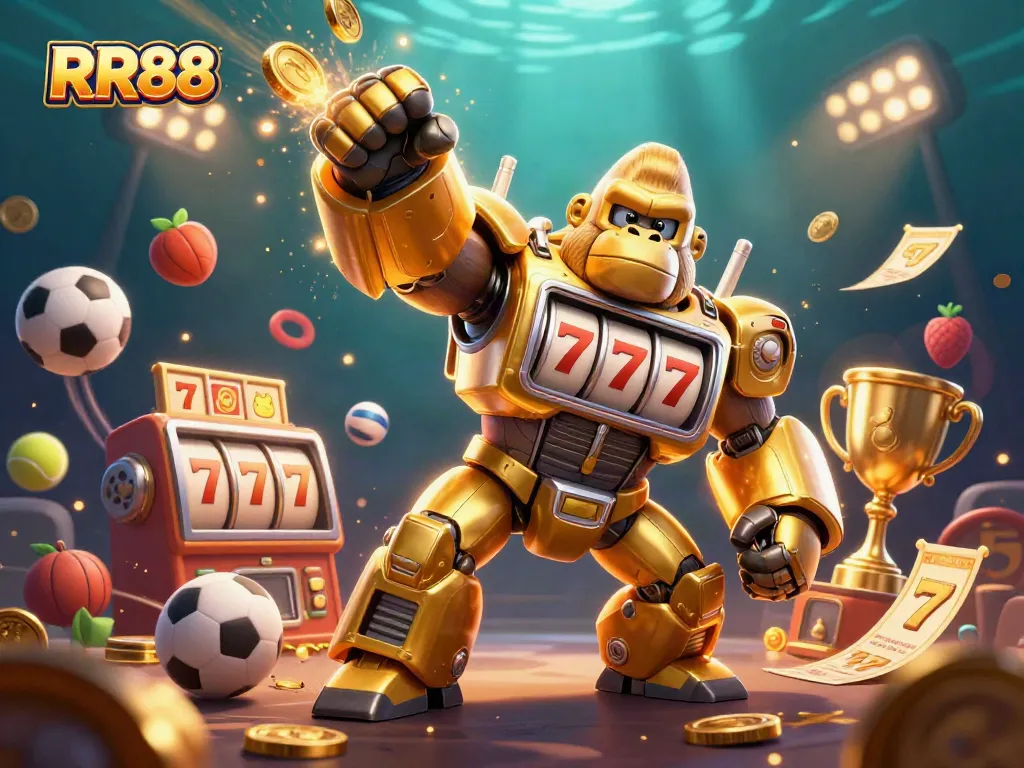 Experience thrilling gaming adventures at RR88 with a golden gorilla mech smashing jackpots in a vibrant casino