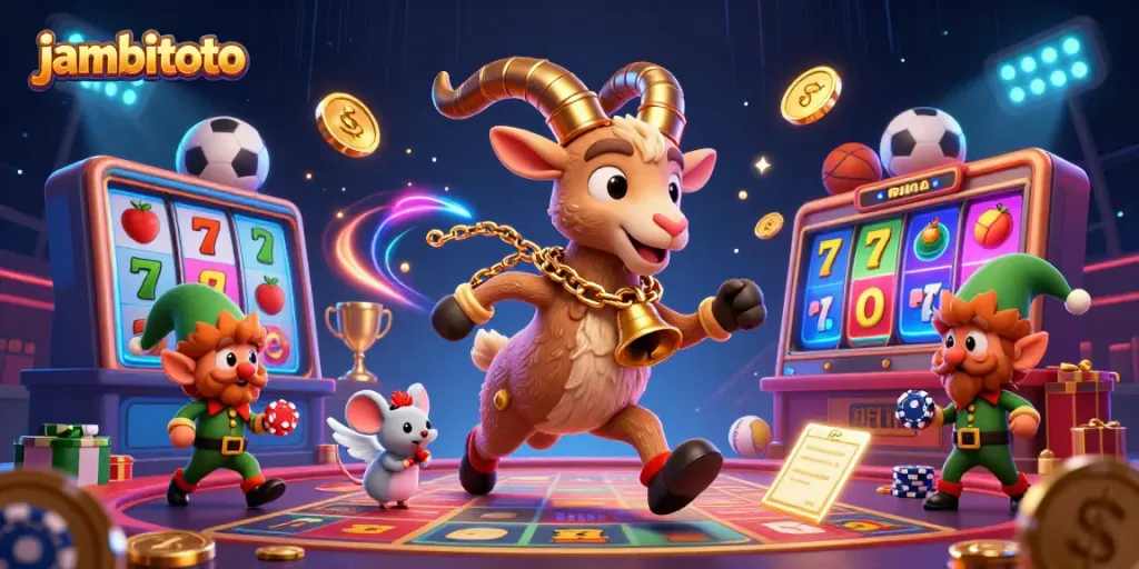 Experience the thrilling ambiance of jambitoto's vibrant casino scene with festive characters and dynamic game elements.