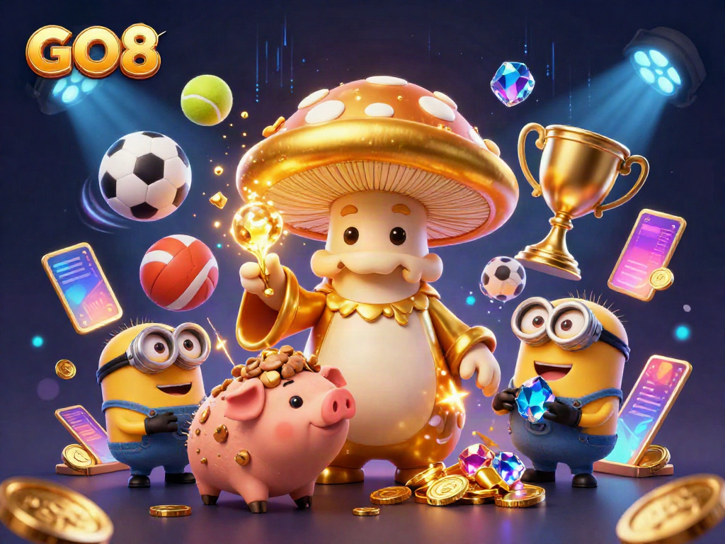 Engaging GO8 casino illustration featuring magical characters amidst vibrant sports betting elements.