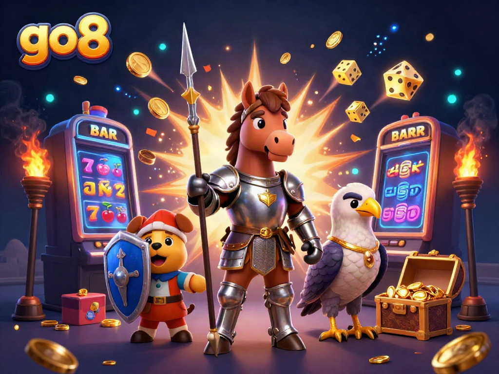 Experience the excitement at go8 with a knight, squire, and falcon, amidst a chaotic jackpot scene.