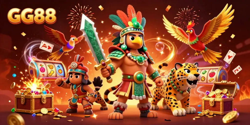 Engage with GG88 at a lively digital casino featuring Aztec warriors, gold coins, and vibrant slot reels.