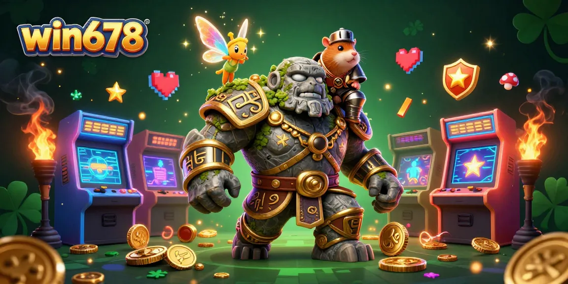 Win678 showcases an ancient stone golem, fairy, and hamster knight in dynamic casino action, full of gaming elements.