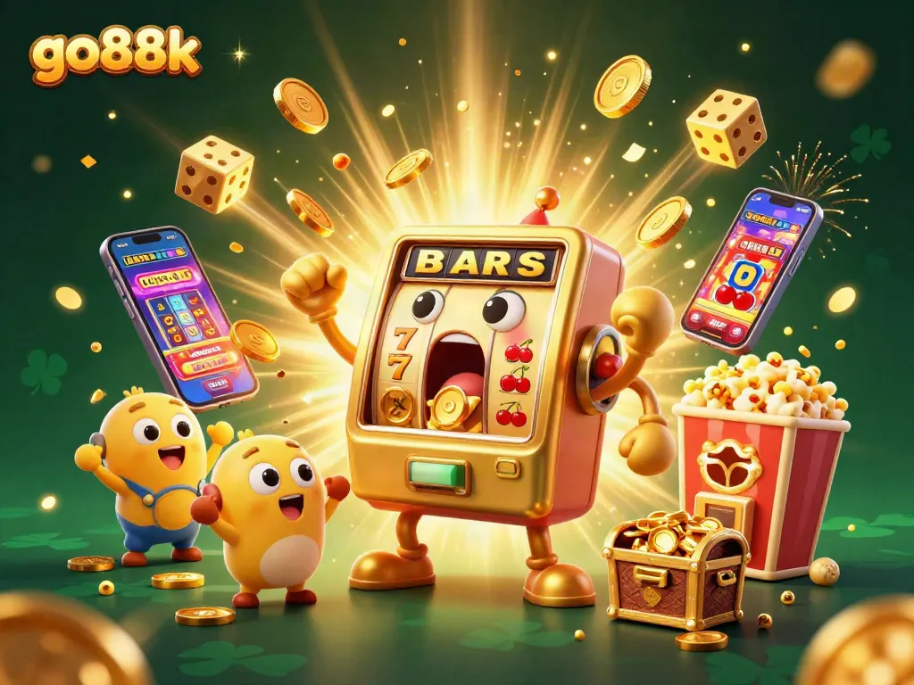 Go88k slot machine celebrating a jackpot with coins pouring out in a vibrant casino illustration.
