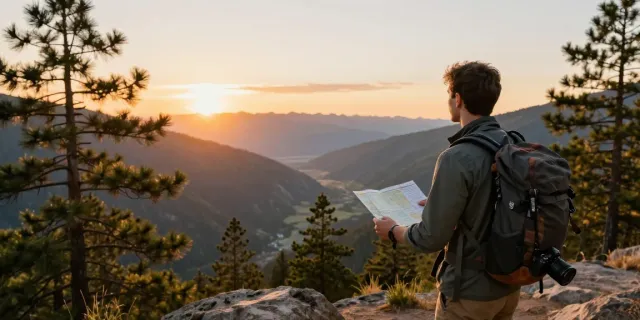 Traveler enjoying a scenic sunset view with rokok88 gear, showcasing adventure and exploration.
