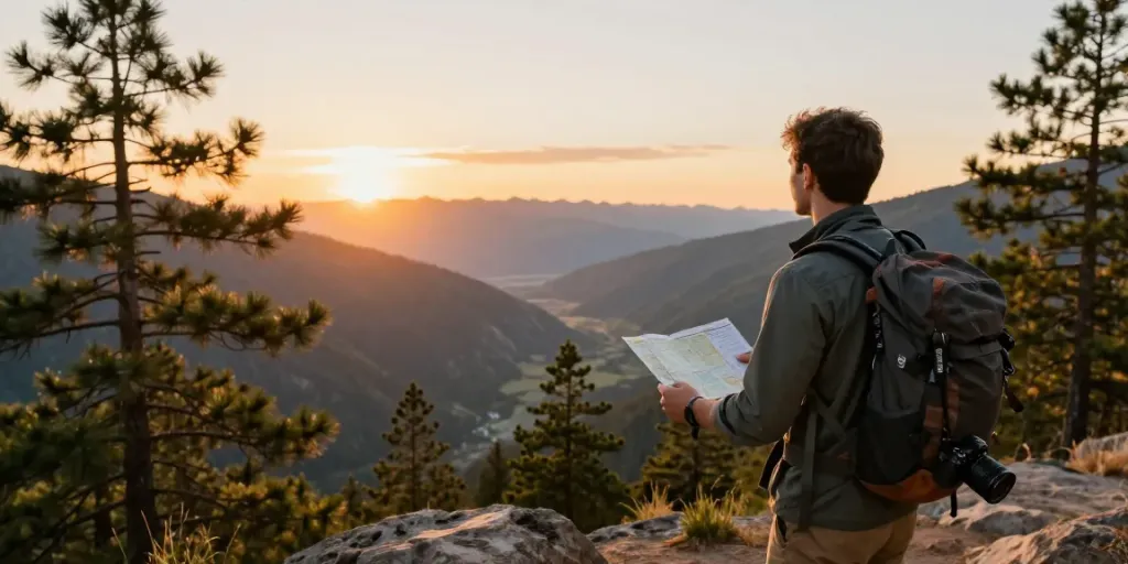 Traveler enjoying a scenic sunset view with rokok88 gear, showcasing adventure and exploration.