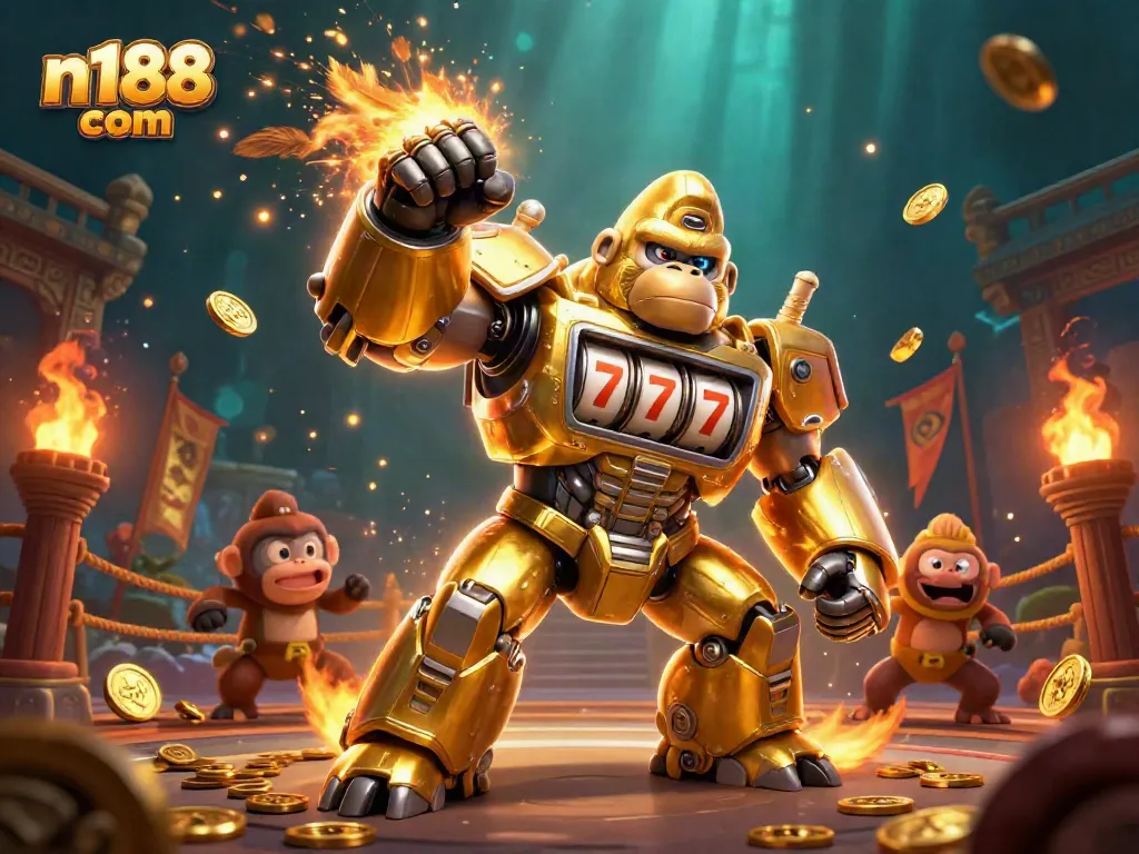 Engage with n188 com's thrilling gameplay featuring a 3D mechanical gorilla winning big on slot machines.