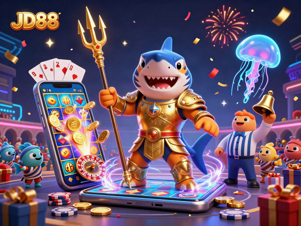Experience the thrill of JD88 with this dynamic underwater casino scene featuring a gladiator shark!