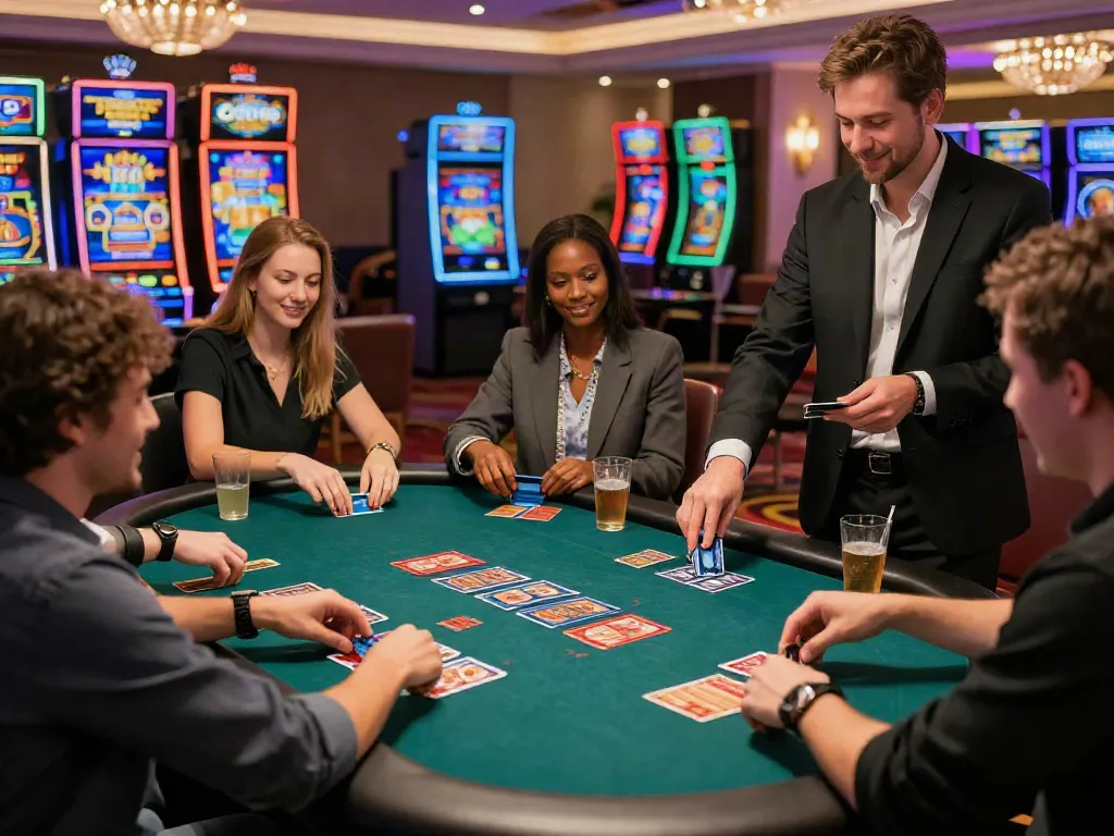 Engaging scene of players at online casinos that accept credit card, enjoying card games with lively decor.