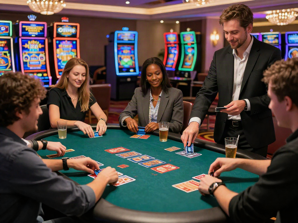 Engaging scene of players at online casinos that accept credit card, enjoying card games with lively decor.