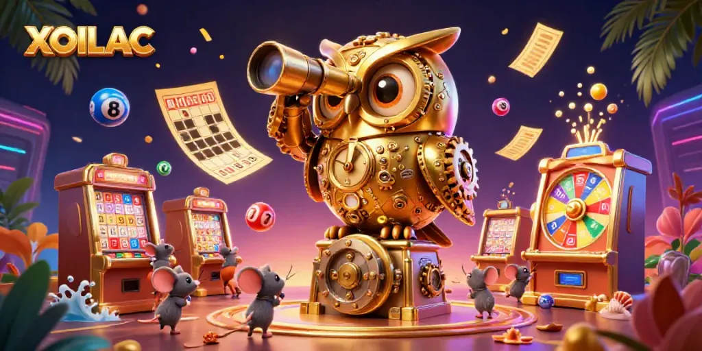 Experience XOILAC's gaming charm with a vibrant 3D scene featuring a golden owl and lottery elements.