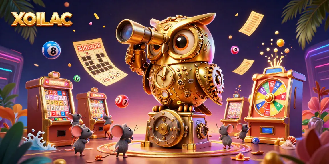 Experience XOILAC's gaming charm with a vibrant 3D scene featuring a golden owl and lottery elements.