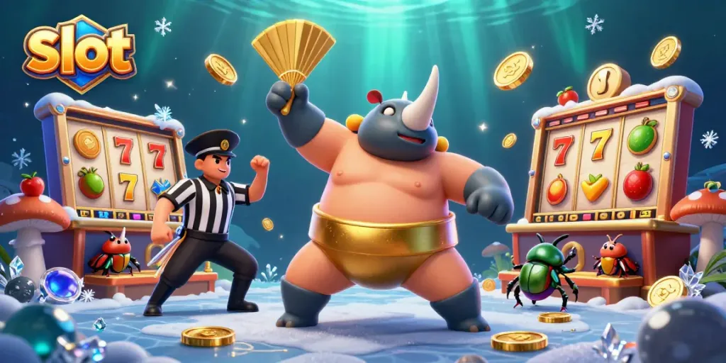 Experience thrilling slot action with a sumo champion beetle surrounded by gaming elements.