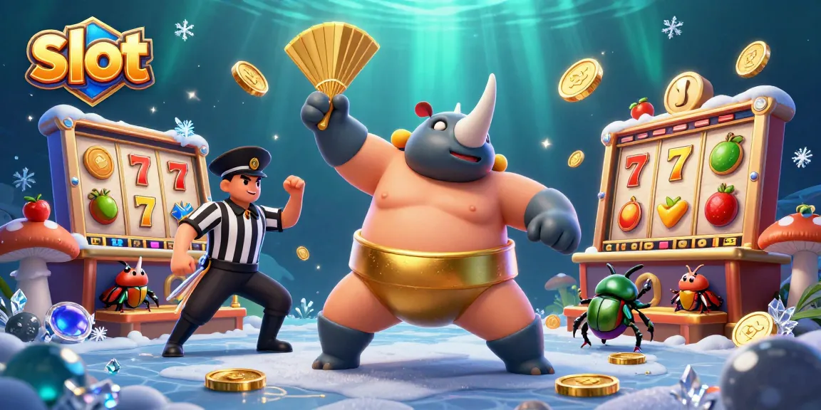Experience thrilling slot action with a sumo champion beetle surrounded by gaming elements.