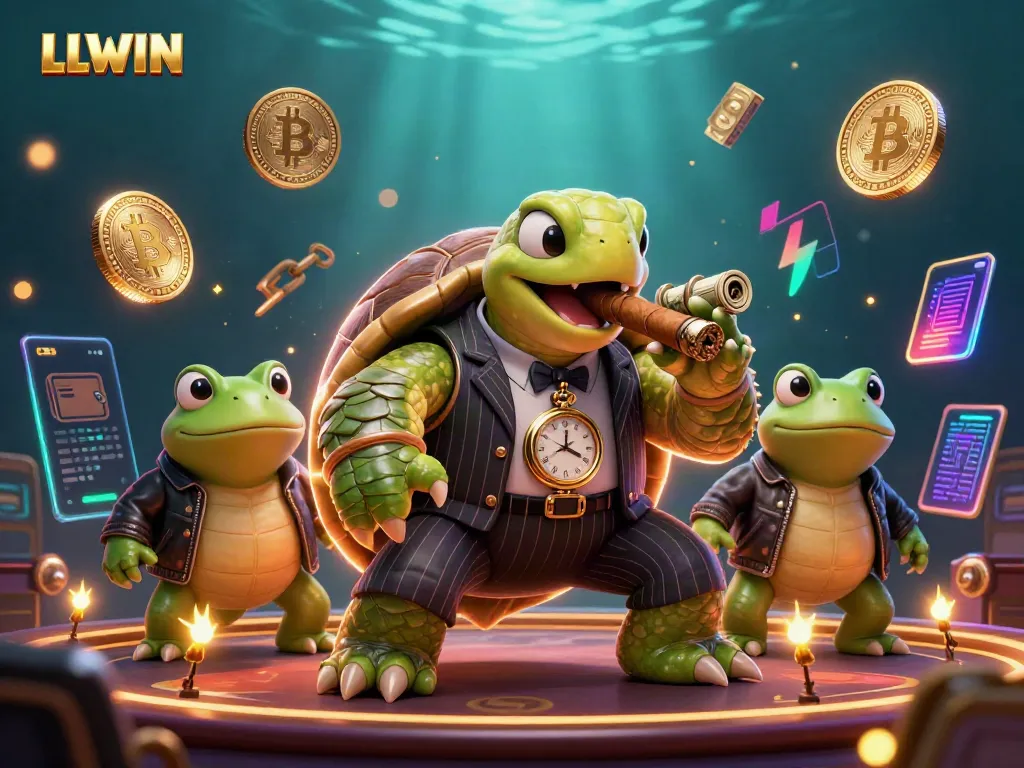 Experience the thrilling world of LLWIN with a vibrant casino scene featuring a charismatic snapping turtle and bullfrog enforcers.