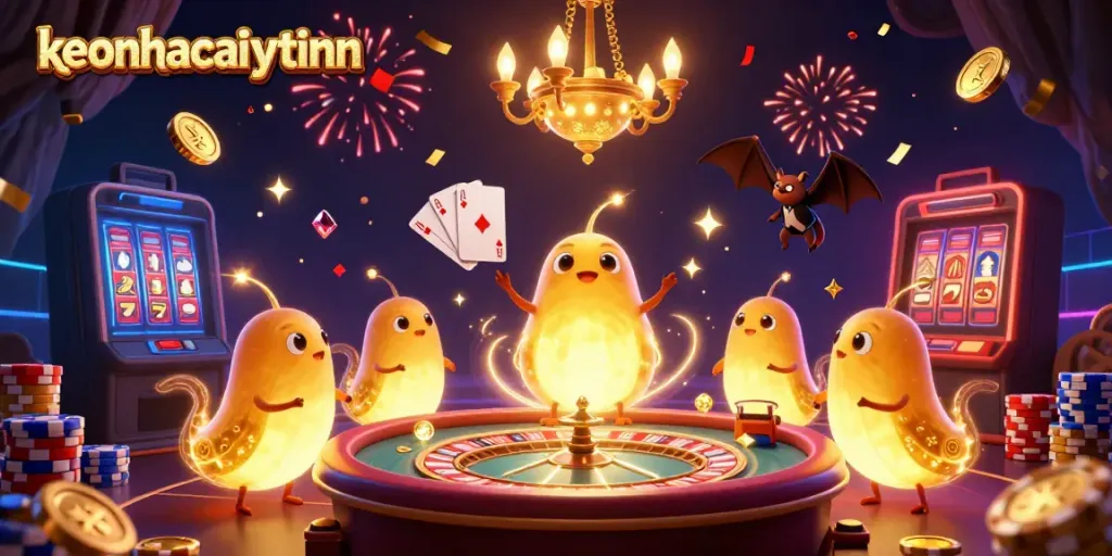 Experience the vibrant glow of keonhacaiuytinn with animated glowworms lighting a cave casino in an exciting gambling scene.