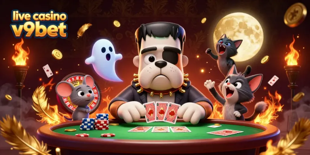 Engage in exciting gameplay at the live casino v9bet, featuring a vibrant 3D scene with dynamic characters and casino elements.