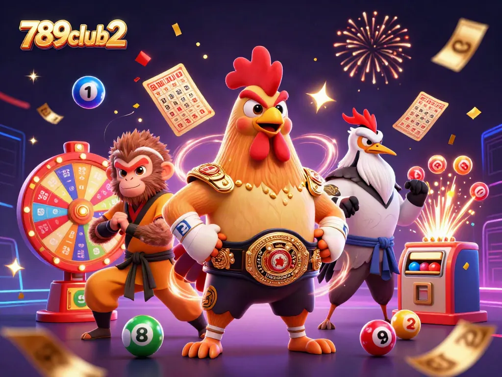 Win big at 789club2 with a lively casino scene featuring vibrant lottery balls and festive action.