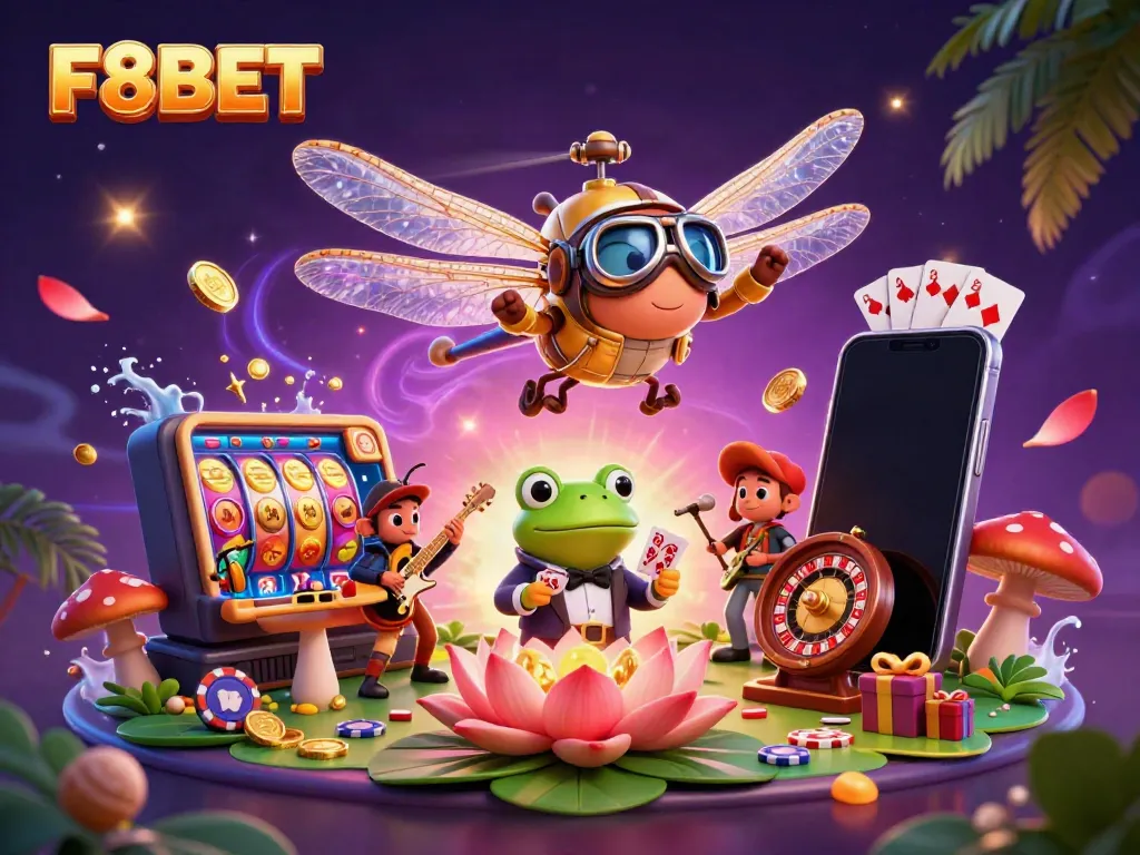 Experience F8BET excitement with a vibrant casino scene featuring a dragonfly pilot and frog croupier.