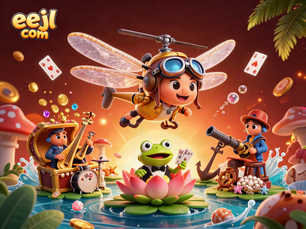 Engage at eejl com with a vibrant casino scene featuring a dragonfly pilot, frog croupier, and jazz musicians.