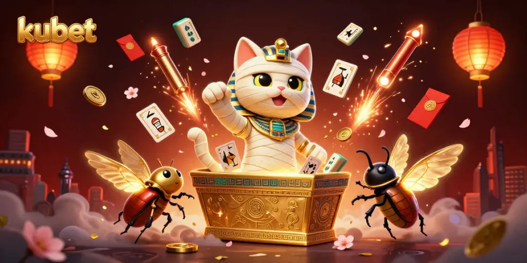 Engage with the vibrant kubet experience, featuring a 3D cartoon mummy cat and casino elements