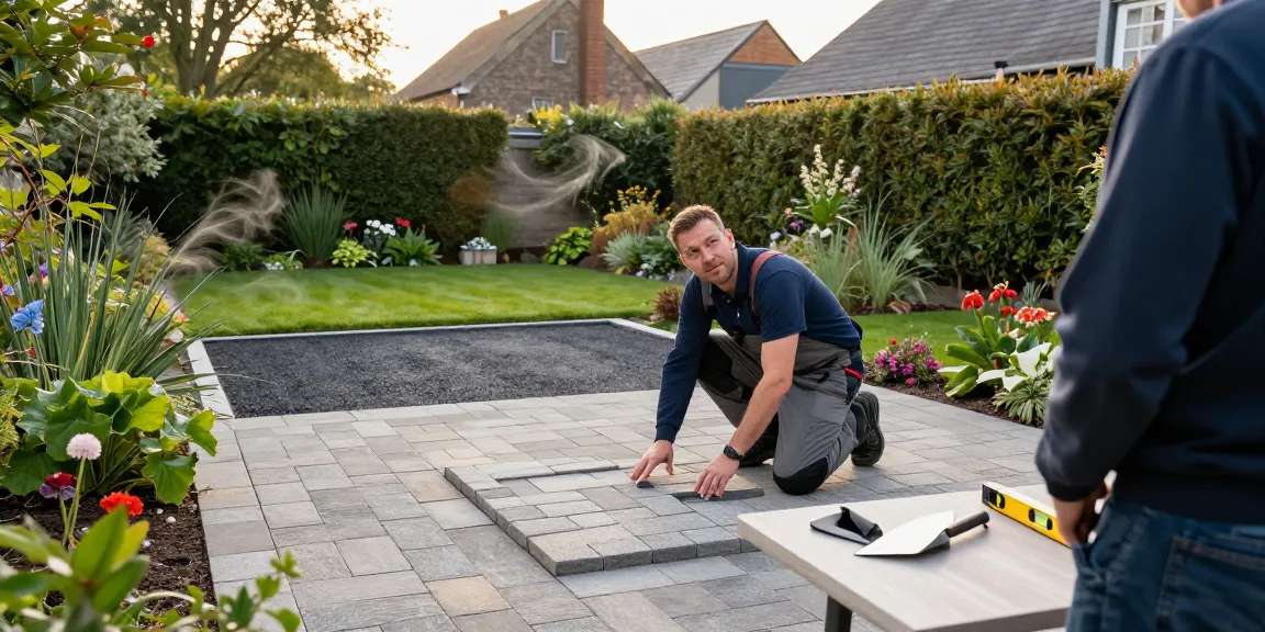 Driveways and Patios expert reviewing block paving options in a Dublin garden, showcasing materials and craftsmanship.