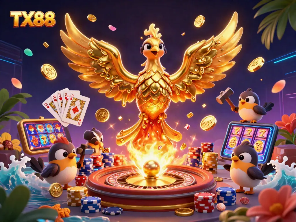 Experience TX88's golden phoenix emerging with coins and casino elements flying around in a vibrant 3D illustration.