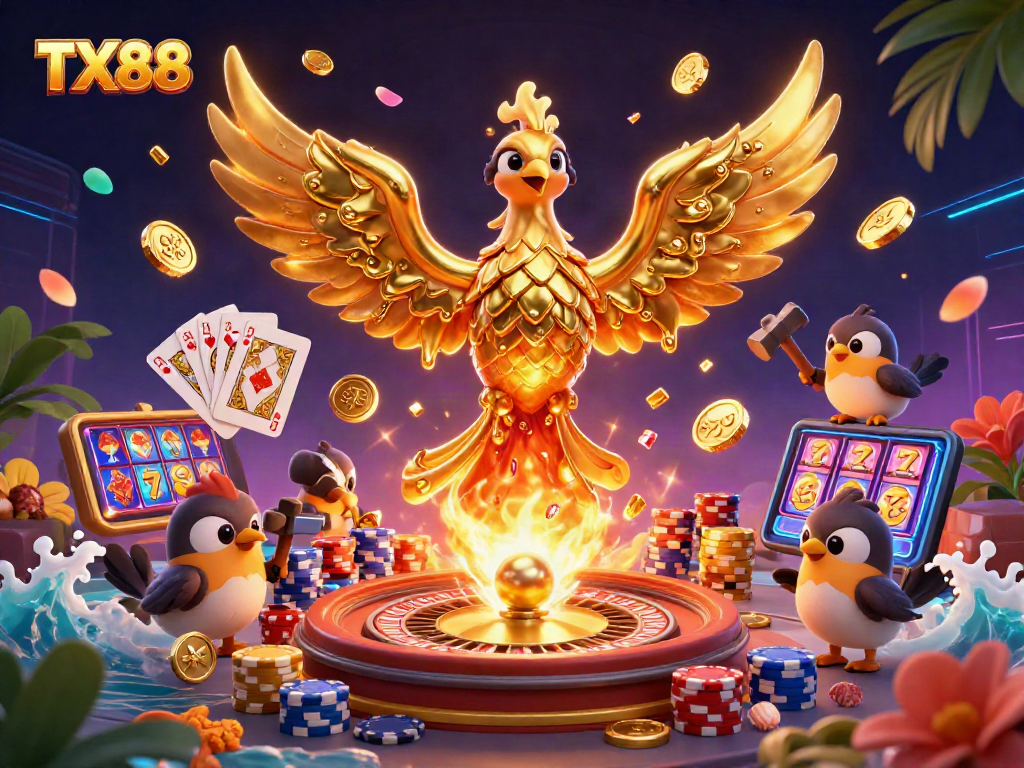 Experience TX88's golden phoenix emerging with coins and casino elements flying around in a vibrant 3D illustration.