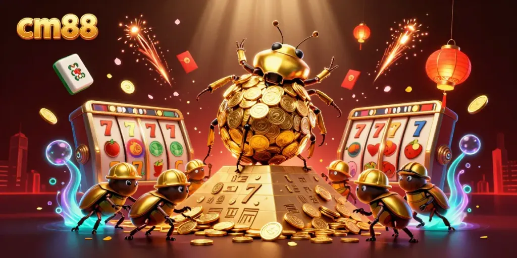 Engage with the vibrant cm88 casino illustration, showcasing golden beetles, slot reels, and festive decorations.