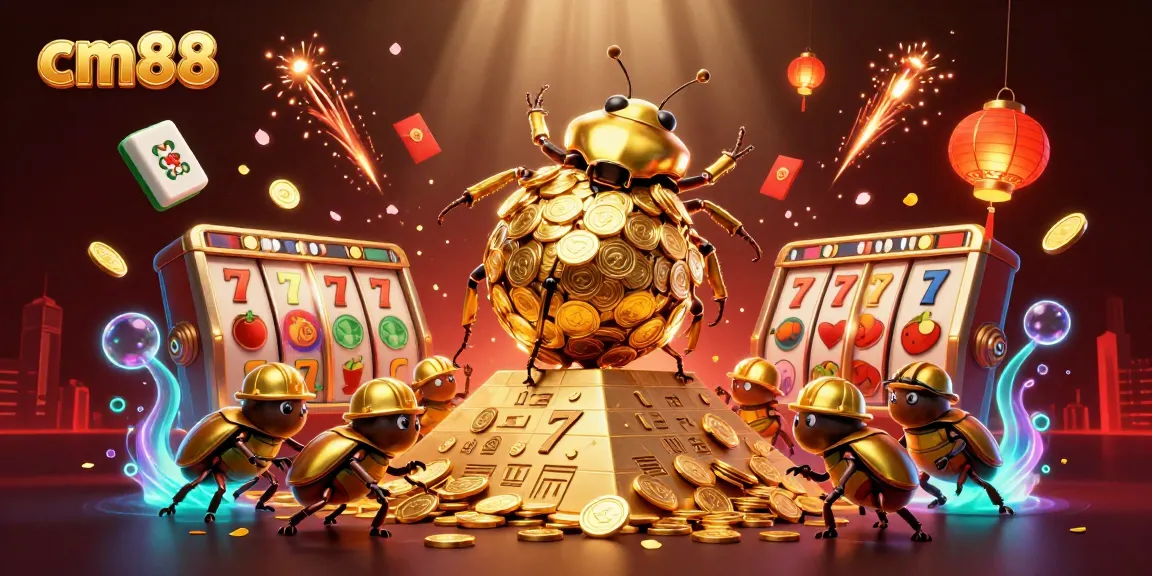 Engage with the vibrant cm88 casino illustration, showcasing golden beetles, slot reels, and festive decorations.