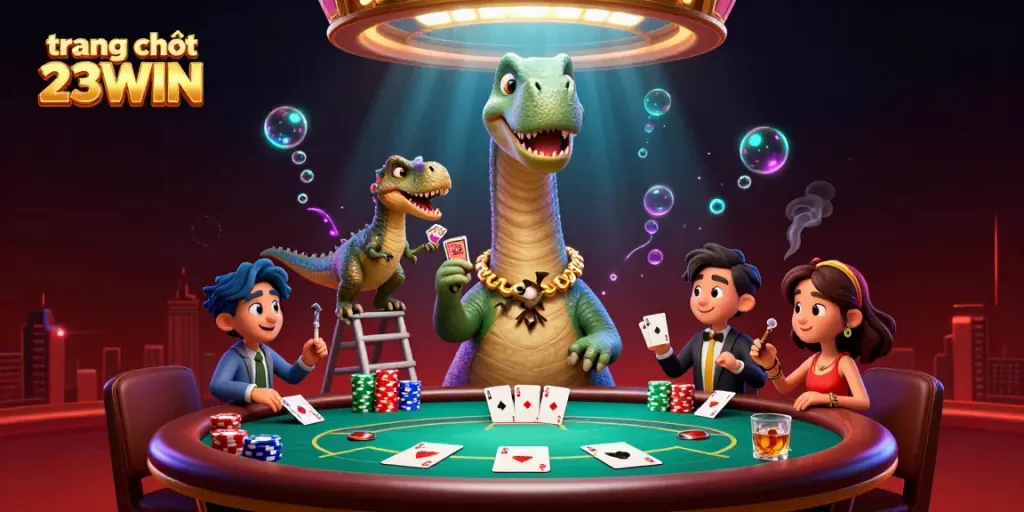 Experience the excitement of casino gaming at trang chủ 23WIN with vibrant 3D characters and poker elements.
