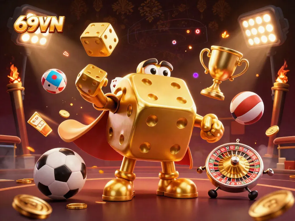 Experience 69VN magic as golden dice juggle in a vibrant casino scene.