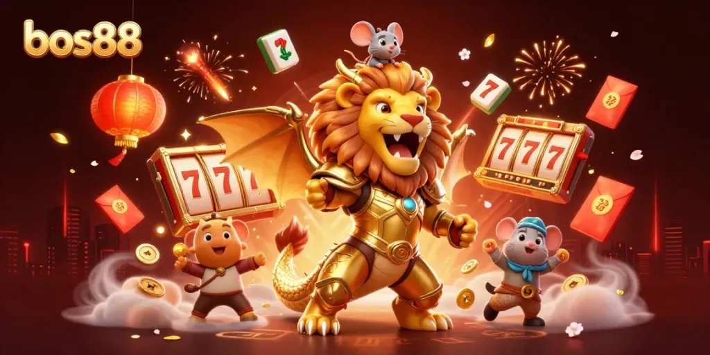 Experience the thrill at bos88 with a vibrant 3D digital casino scene full of dynamic gaming elements and lucky symbols.