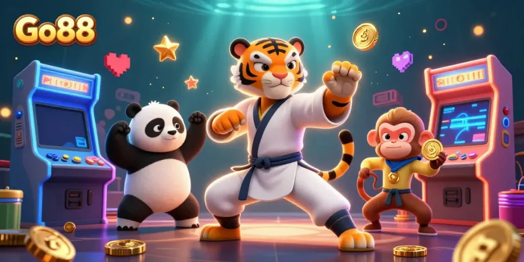 Experience the excitement of Go88 with a kung fu tiger, panda, and monkey amidst vibrant casino games.